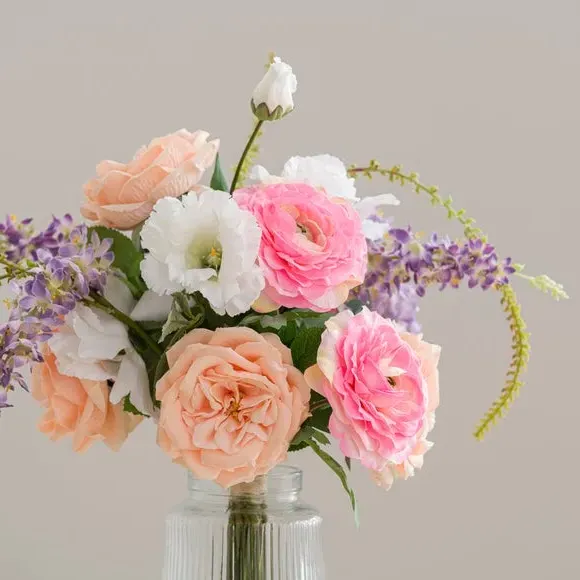 Artificial Rose Bouquet in Ribbed Vase - Pink