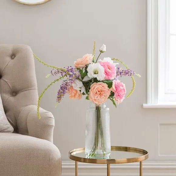 Artificial Rose Bouquet in Ribbed Vase - Pink