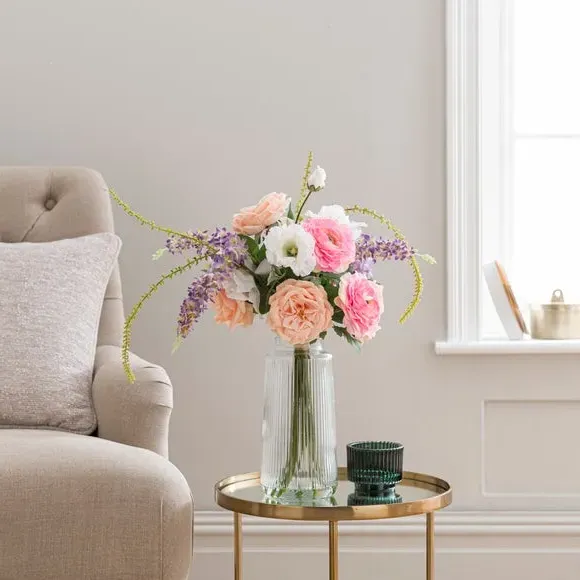 Artificial Rose Bouquet in Ribbed Vase - Pink image