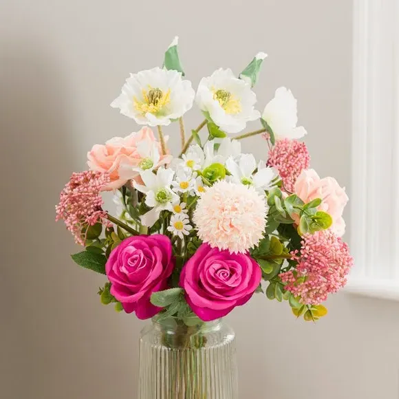 Artificial Rose Bouquet in Vase - Pink, Glass