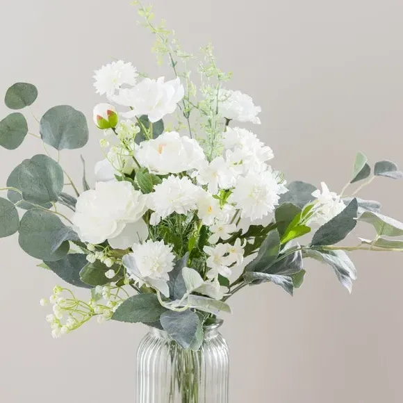 Artificial Rose Bouquet in Vase - White, Glass