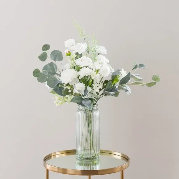 Artificial Rose Bouquet in Vase - White, Glass