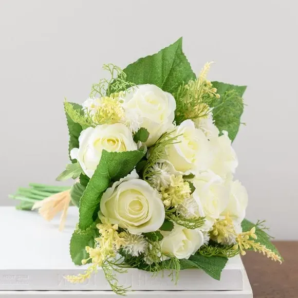 Artificial Rose Bouquet with Heather - Cream