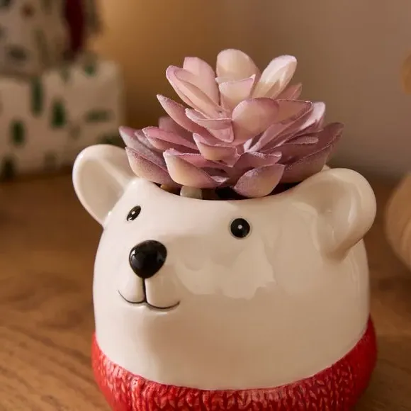 Artificial Succulent in Polar Bear Pot - White