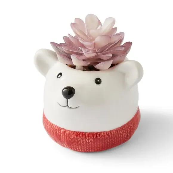 Artificial Succulent in Polar Bear Pot - White
