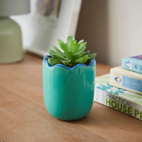 Artificial Succulent in Scalloped Pot - Blue image