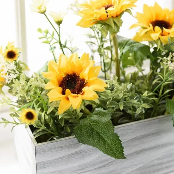 Artificial Sunflower Bouquet - Yellow, Wood Pot