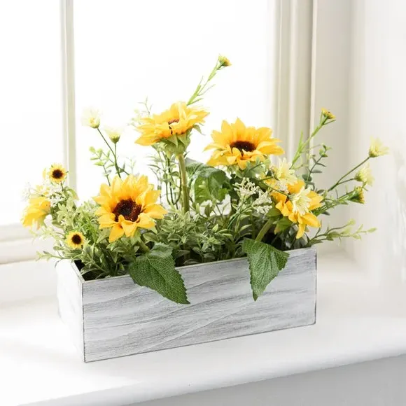 Artificial Sunflower Bouquet - Yellow, Wood Pot