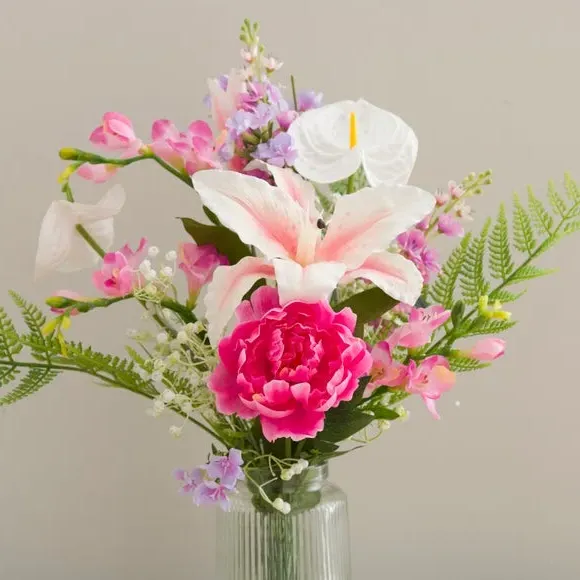 Artificial Tiger Lily Bouquet - Pink, Glass Vase