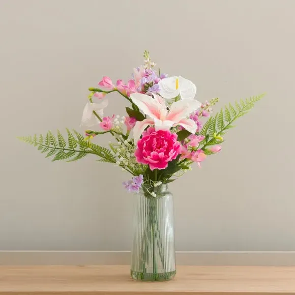Artificial Tiger Lily Bouquet - Pink, Glass Vase