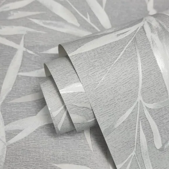 Bamboo Leaves Wallpaper - Grey, Metallic Finish