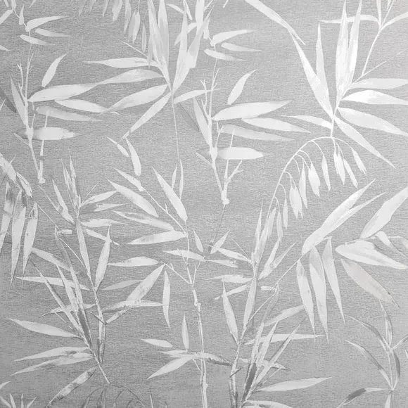 Bamboo Leaves Wallpaper - Grey, Metallic Finish