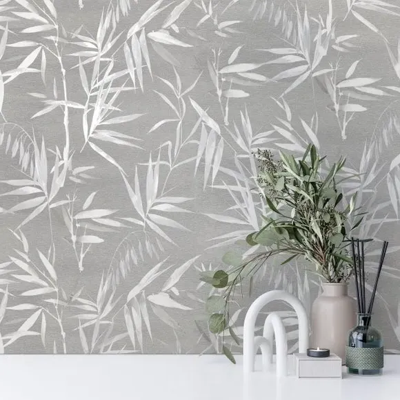 Bamboo Leaves Wallpaper - Grey, Metallic Finish