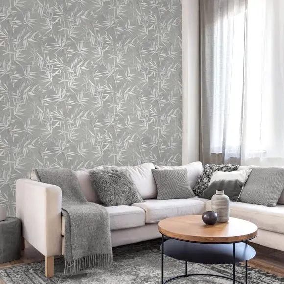 Bamboo Leaves Wallpaper - Grey, Metallic Finish image