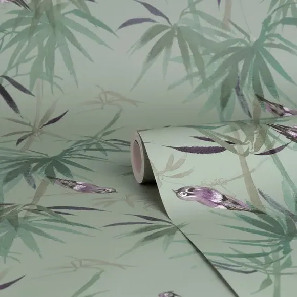 Bamboo Lilypad Wallpaper - Green, Watercolour
