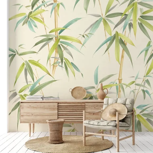 Bamboo Wall Mural - Green, Non-Woven Paper