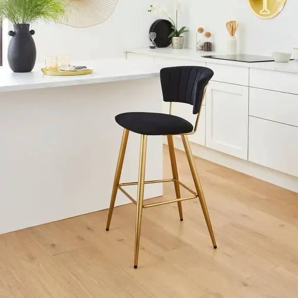Bar Stool with Curved Back - Black, Velvet