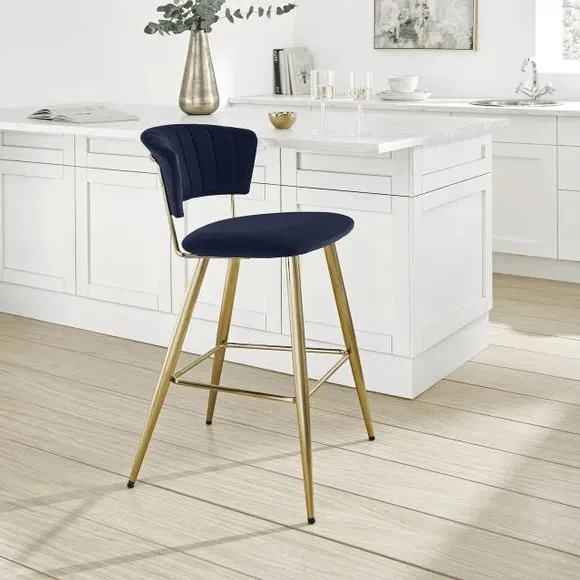 Bar Stool with Curved Back - Blue, Velvet