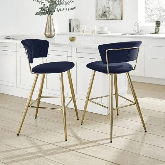 Bar Stool with Curved Back - Blue, Velvet