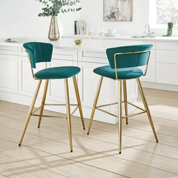 Bar Stool with Curved Back - Green, Velvet