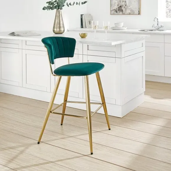 Bar Stool with Curved Back - Green, Velvet