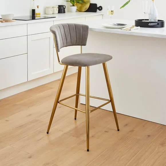 Bar Stool with Curved Back - Grey, Velvet