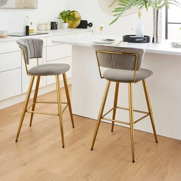 Bar Stool with Curved Back - Grey, Velvet