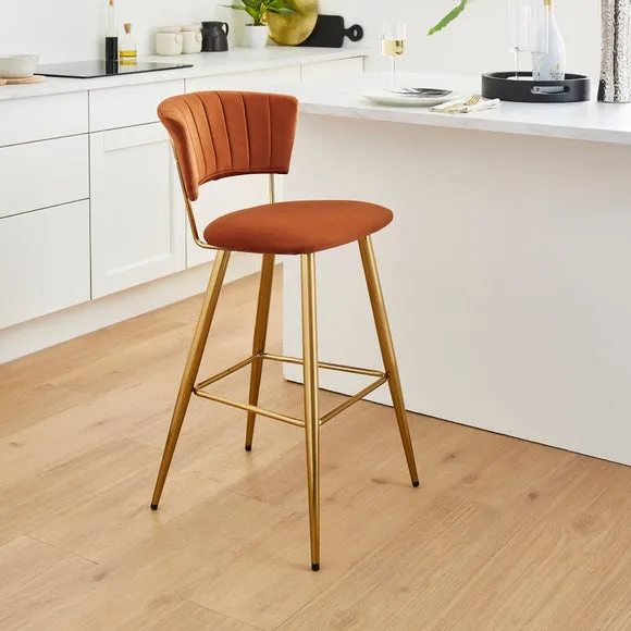 Bar Stool with Curved Back - Orange, Velvet