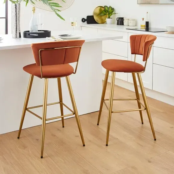 Bar Stool with Curved Back - Orange, Velvet