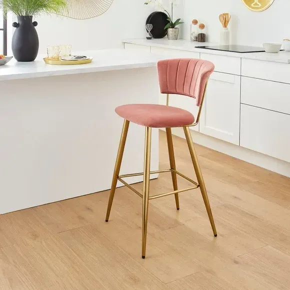 Bar Stool with Curved Back - Pink, Velvet