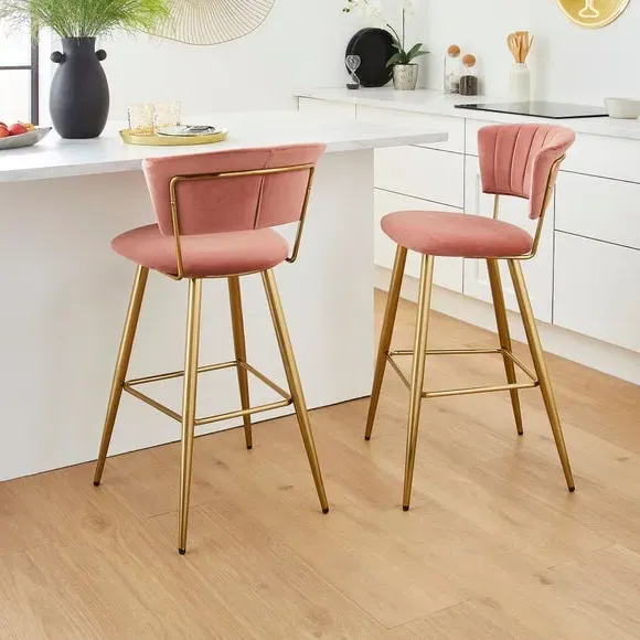 Bar Stool with Curved Back - Pink, Velvet