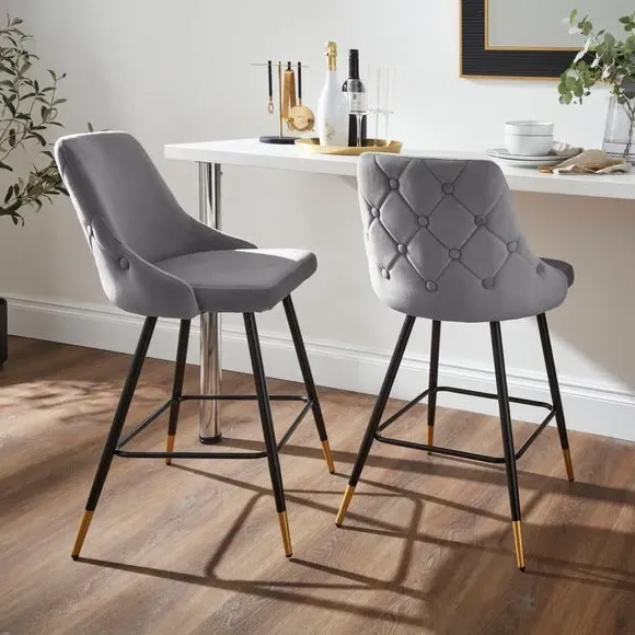 Bar Stool with Quilted Back - Grey, Velvet