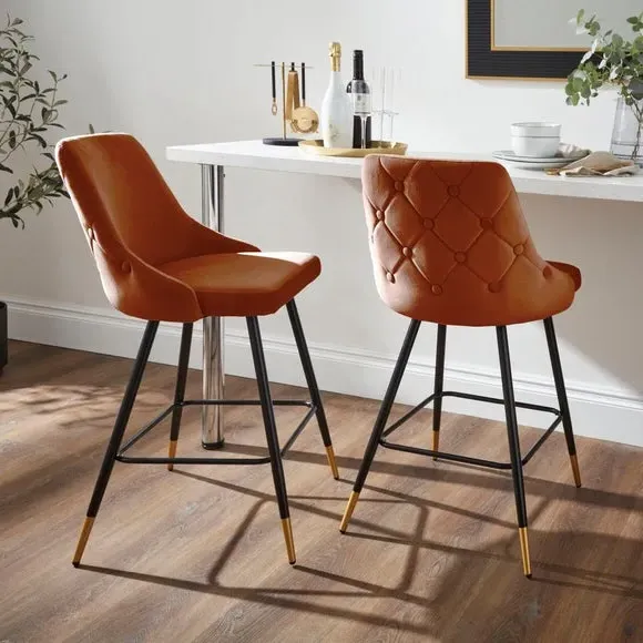 Bar Stool with Quilted Back - Orange, Velvet