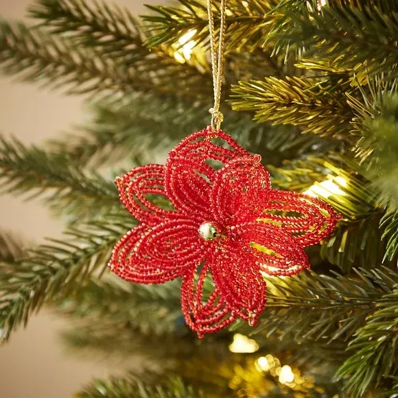 Beaded Poinsettia Hanging Decoration - Red image