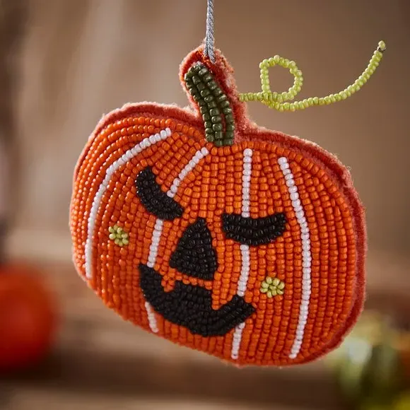 Beaded Pumpkin Hanging Decoration - Orange
