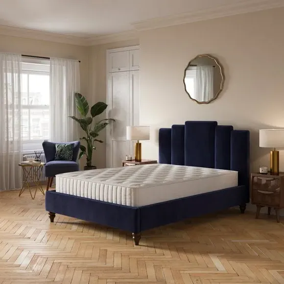 Bed Frame with Padded Headboard - Navy, Velvet