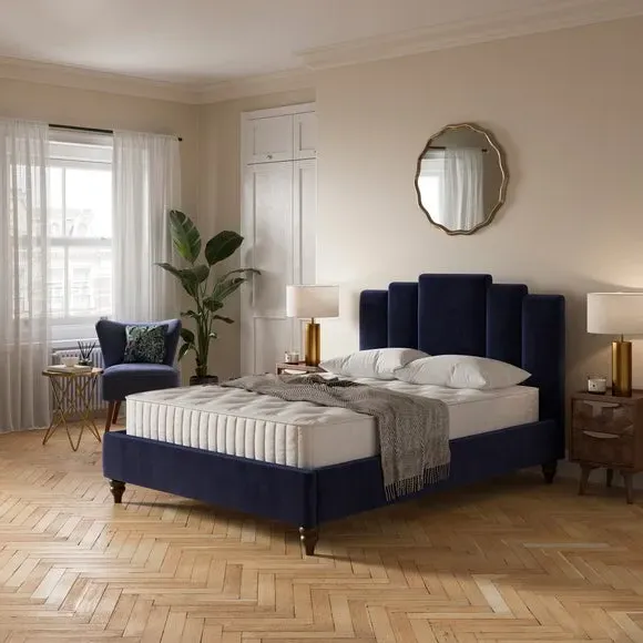 Bed Frame with Padded Headboard - Navy, Velvet