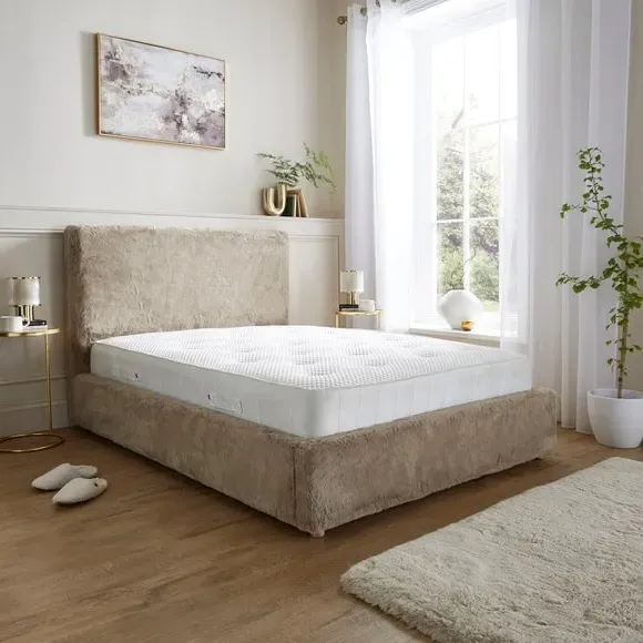Bed Frame with Slatted Base - Natural, Faux Fur