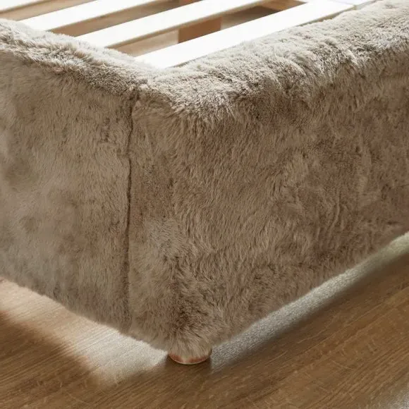 Bed Frame with Slatted Base - Natural, Faux Fur