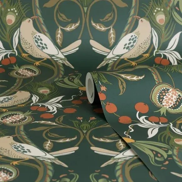 Bird Design Wallpaper - Bottle Green