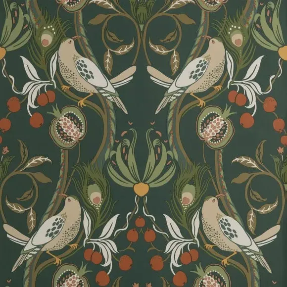 Bird Design Wallpaper - Bottle Green