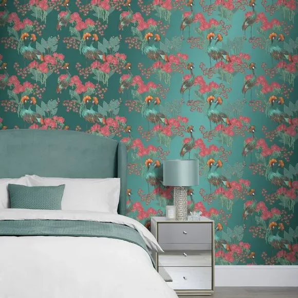 Bird & Floral Wallpaper - Green, Paper