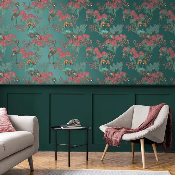 Bird & Floral Wallpaper - Green, Paper image