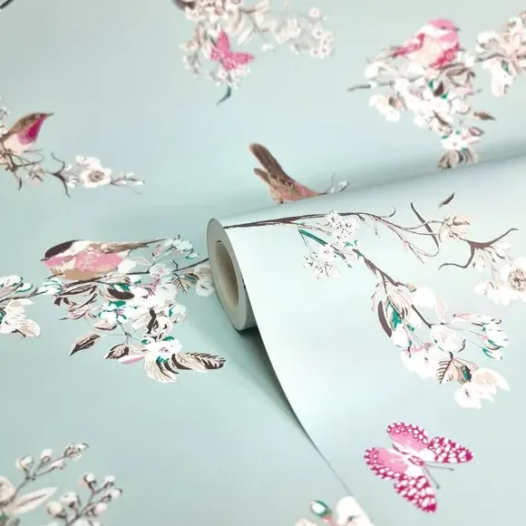 Bird Pattern Wallpaper - Blue, Matt Finish