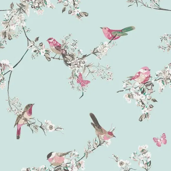 Bird Pattern Wallpaper - Blue, Matt Finish