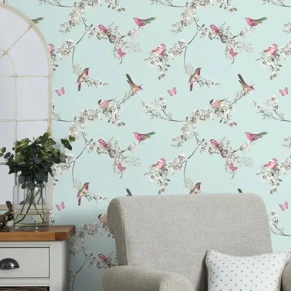 Bird Pattern Wallpaper - Blue, Matt Finish