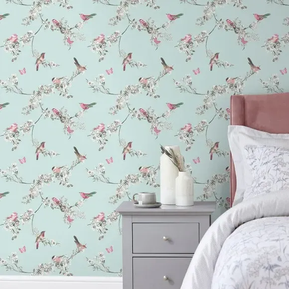 Bird Pattern Wallpaper - Blue, Matt Finish image