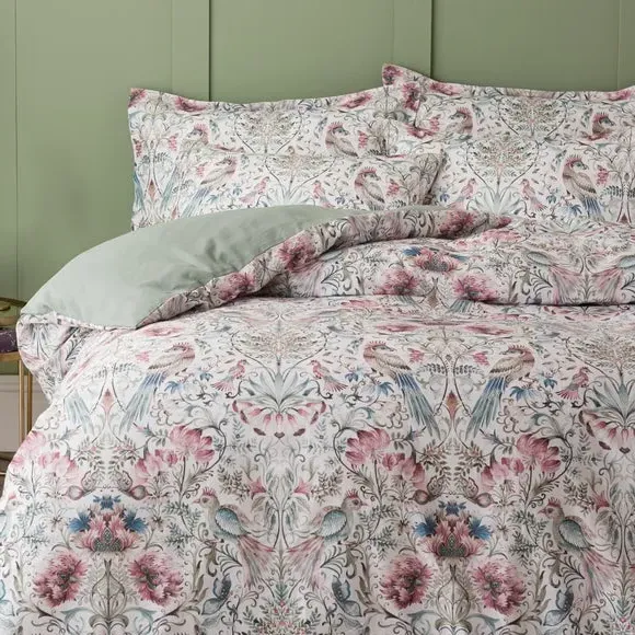 Bird Print Duvet Cover Set - Cream, Velour