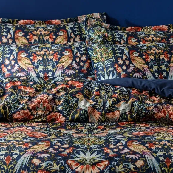 Bird Print Duvet Cover Set - Navy, Velour