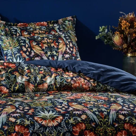 Bird Print Duvet Cover Set - Navy, Velour